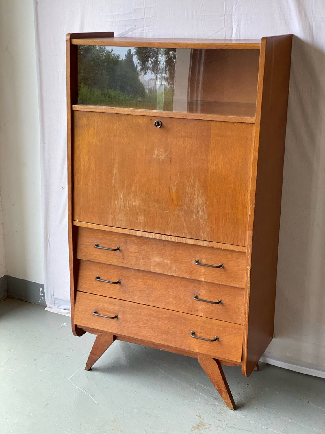 Vintage Scandinavian wooden secretary with display cabinet, desk and drawers