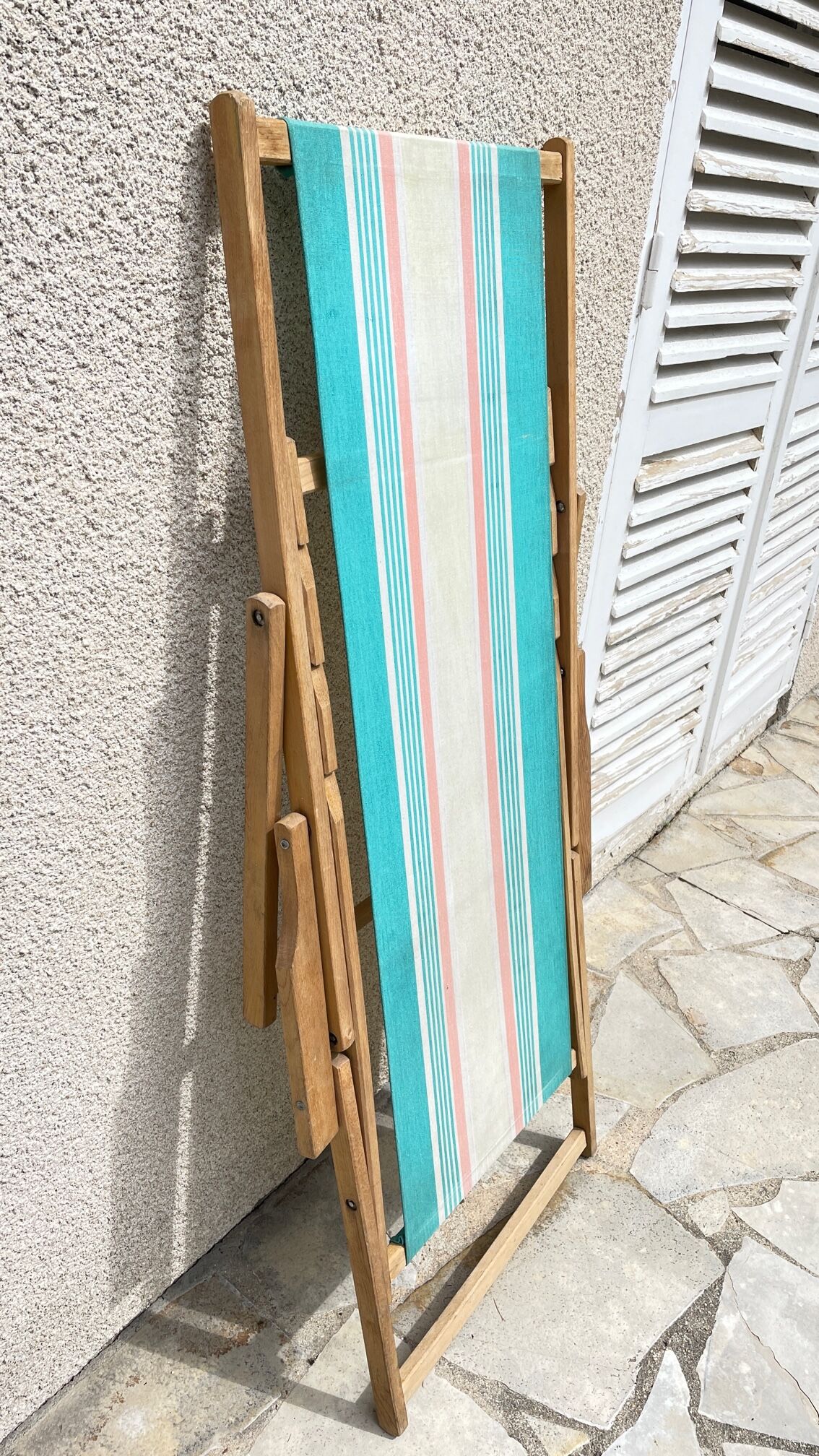 Transat pliant en bois et toile vintage