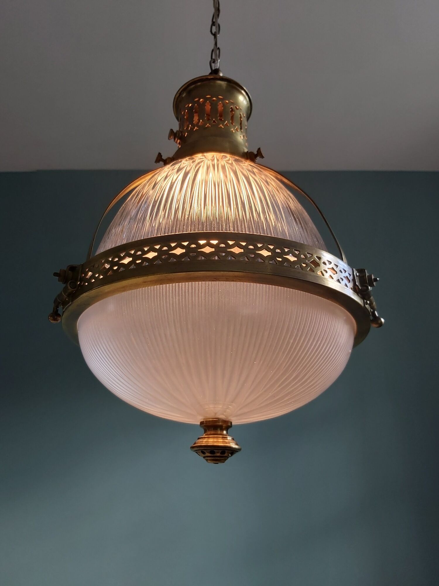 Holophane pendant lamp in prismatic glass and brass, 1920s-30s