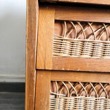 Wooden chest of drawers and vintage rattan
