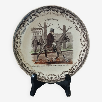 Brown monochrome talking plate, humorist theme. "horse riding" from Sarreguemines UG, late 19th century