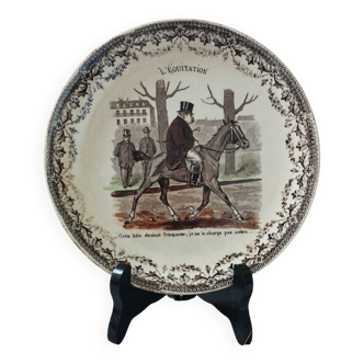 Brown monochrome talking plate, humorist theme. "horse riding" from Sarreguemines UG, late 19th century