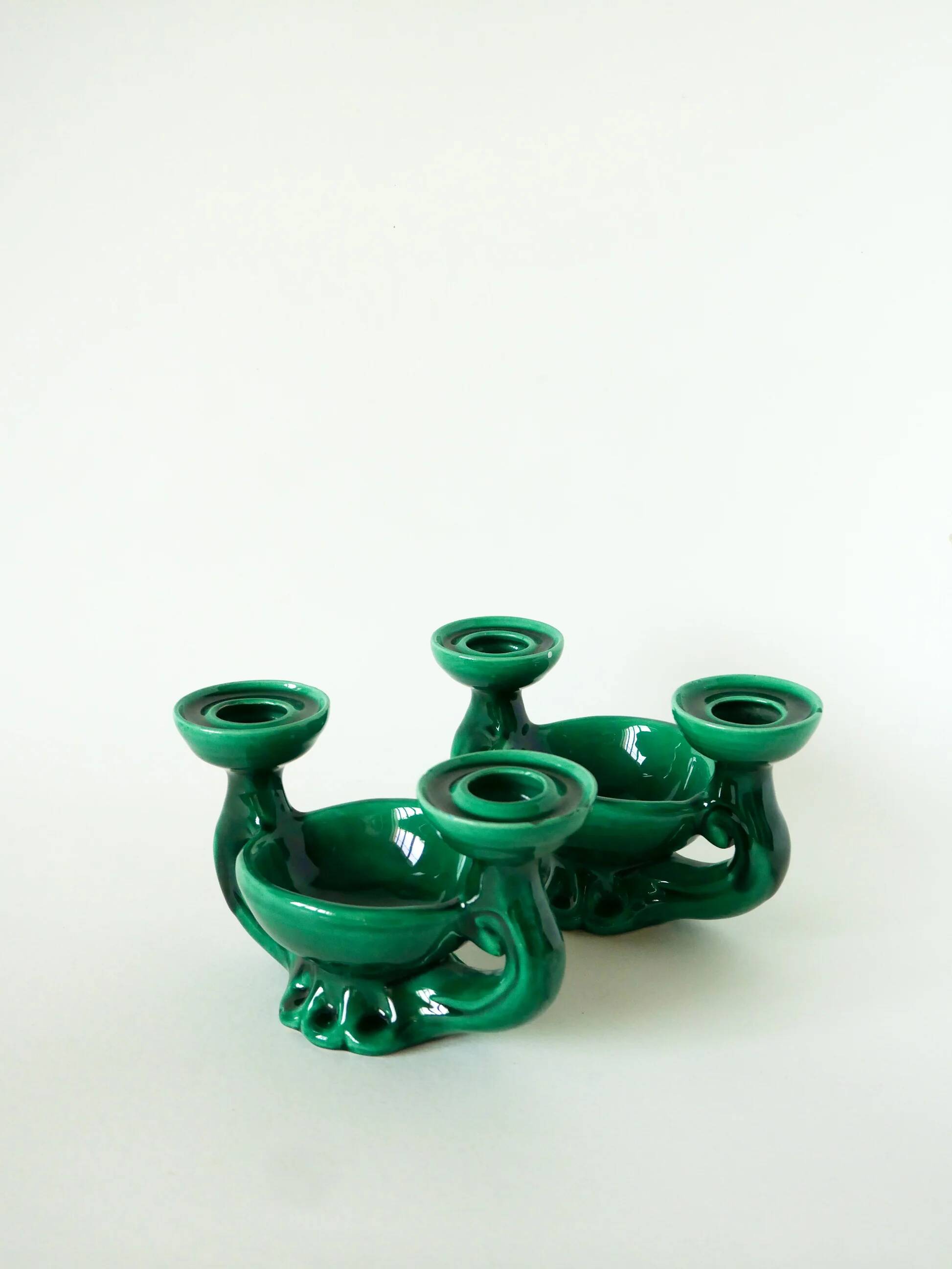 Paire de bougeoirs en céramique avec vide-poche intégré, vert, 1960