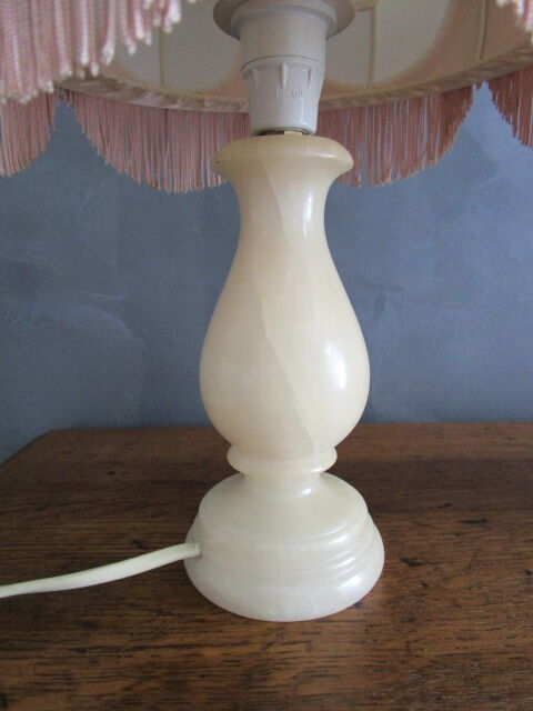 Pair of antique bedside lamps in alabaster and satin lampshade