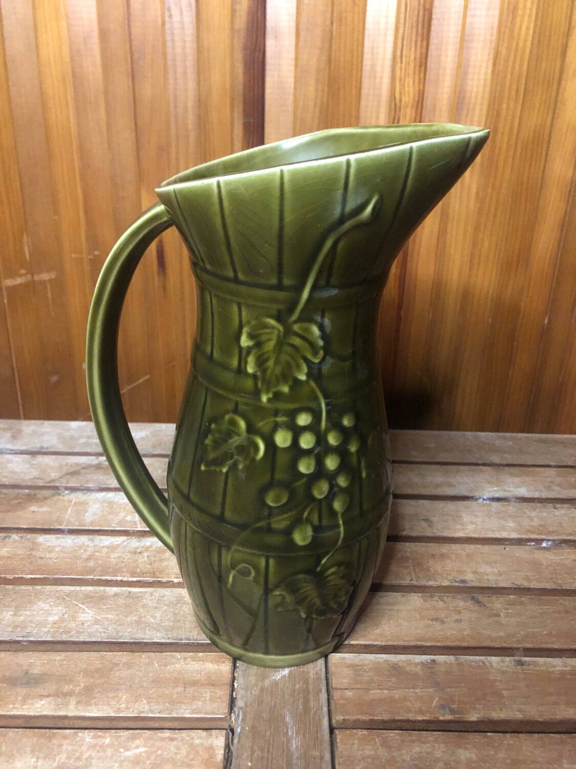 Old SARREGUEMINES Green Ceramic Pitcher Vintage Vines Decor