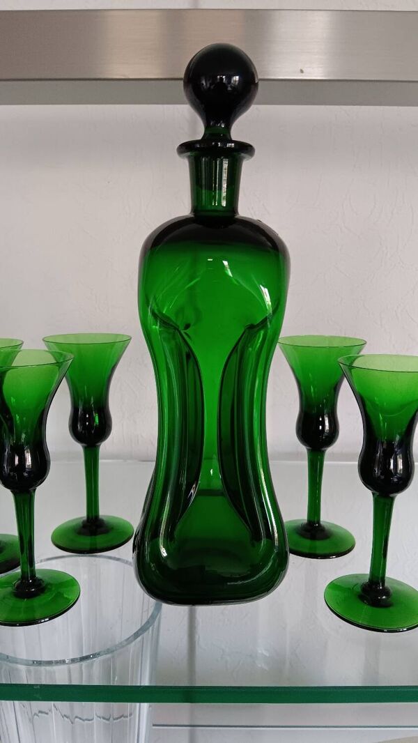Carafe Kluk Kluk de Jacob E.Bang - Holmegaard et 5 verres à liqueur
