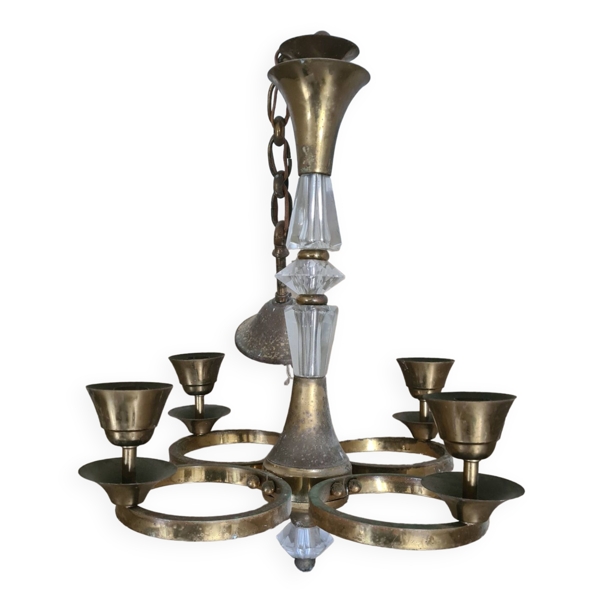 Old brass and glass chandelier / 60s