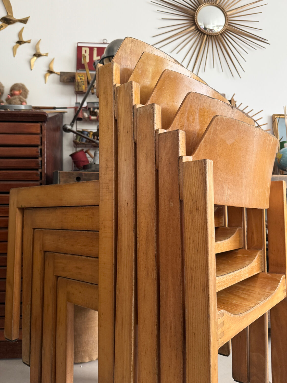 5 vintage stackable chairs — Rainer Schell Schlapp Möbel 1960s