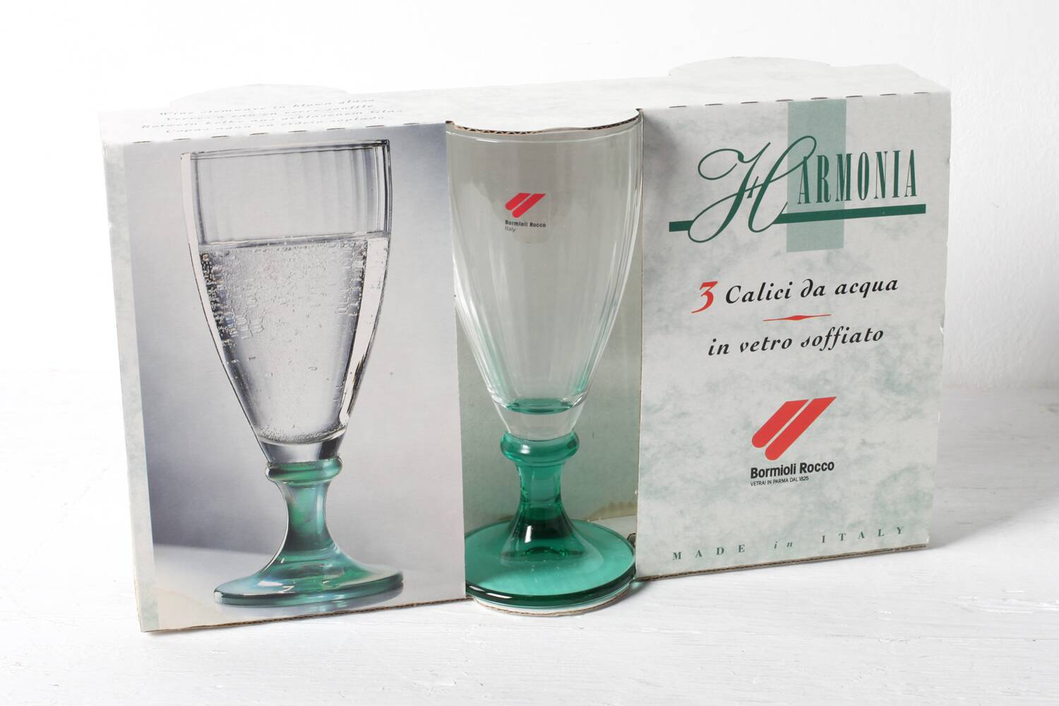 Set of 3 Vintage Bormioli Rocco Wine Glasses: Green Stem Harmonia, 1990s