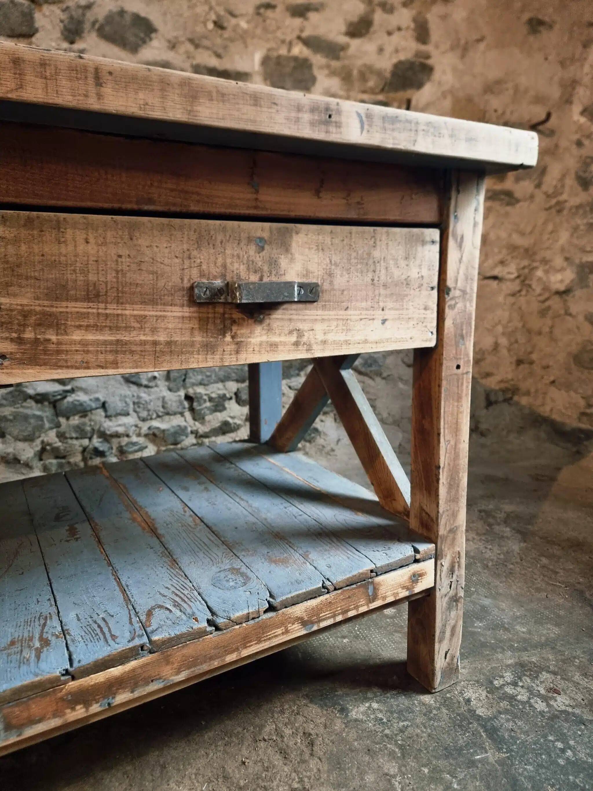 Vintage French industrial workbench – 1920s/1930s oak and pine table with drawer