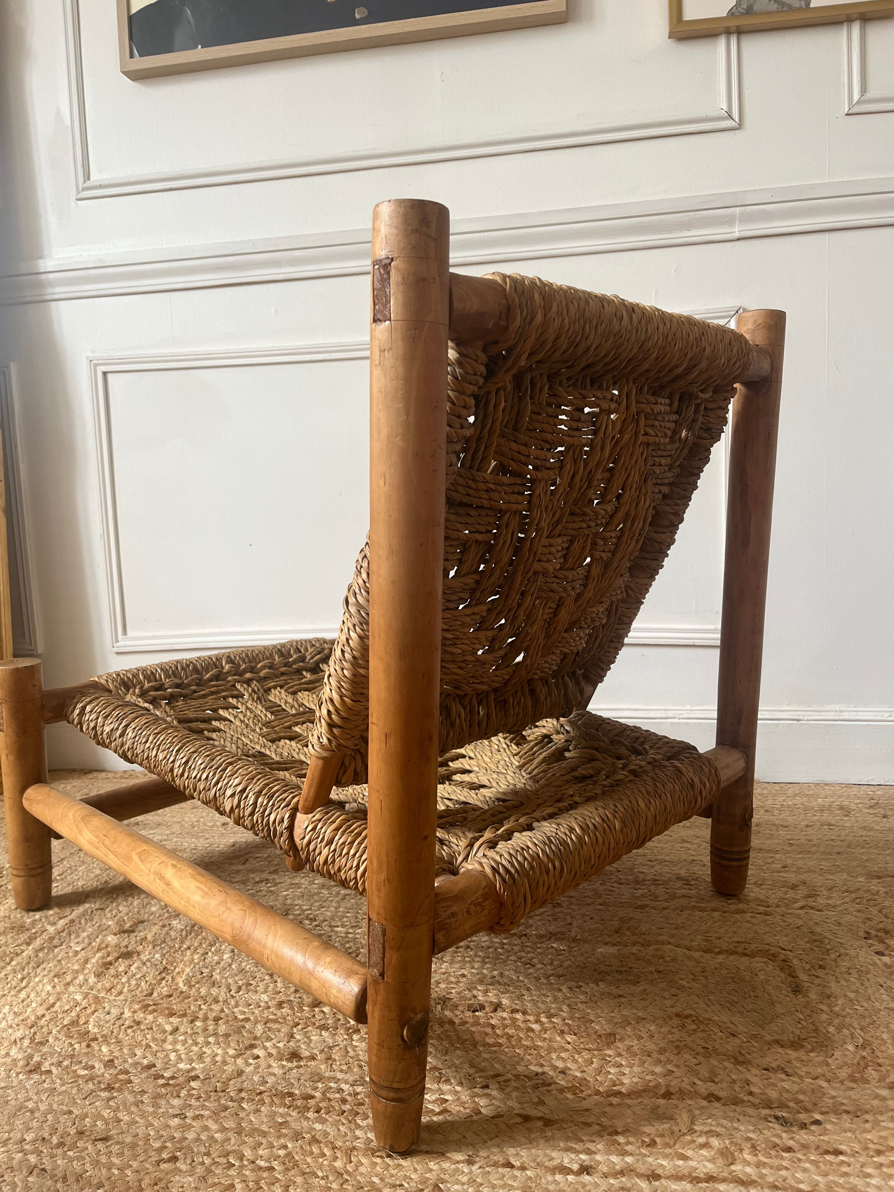Wood and rope armchair by Audoux and Minnet from the 1950s.