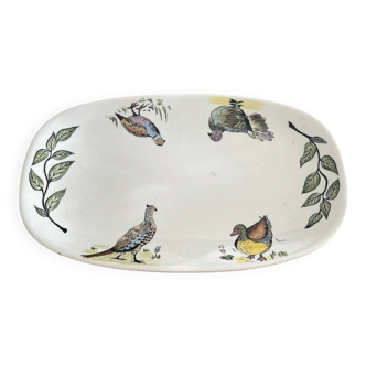 Large vintage Gien earthenware dish with vintage bird and foliage motif