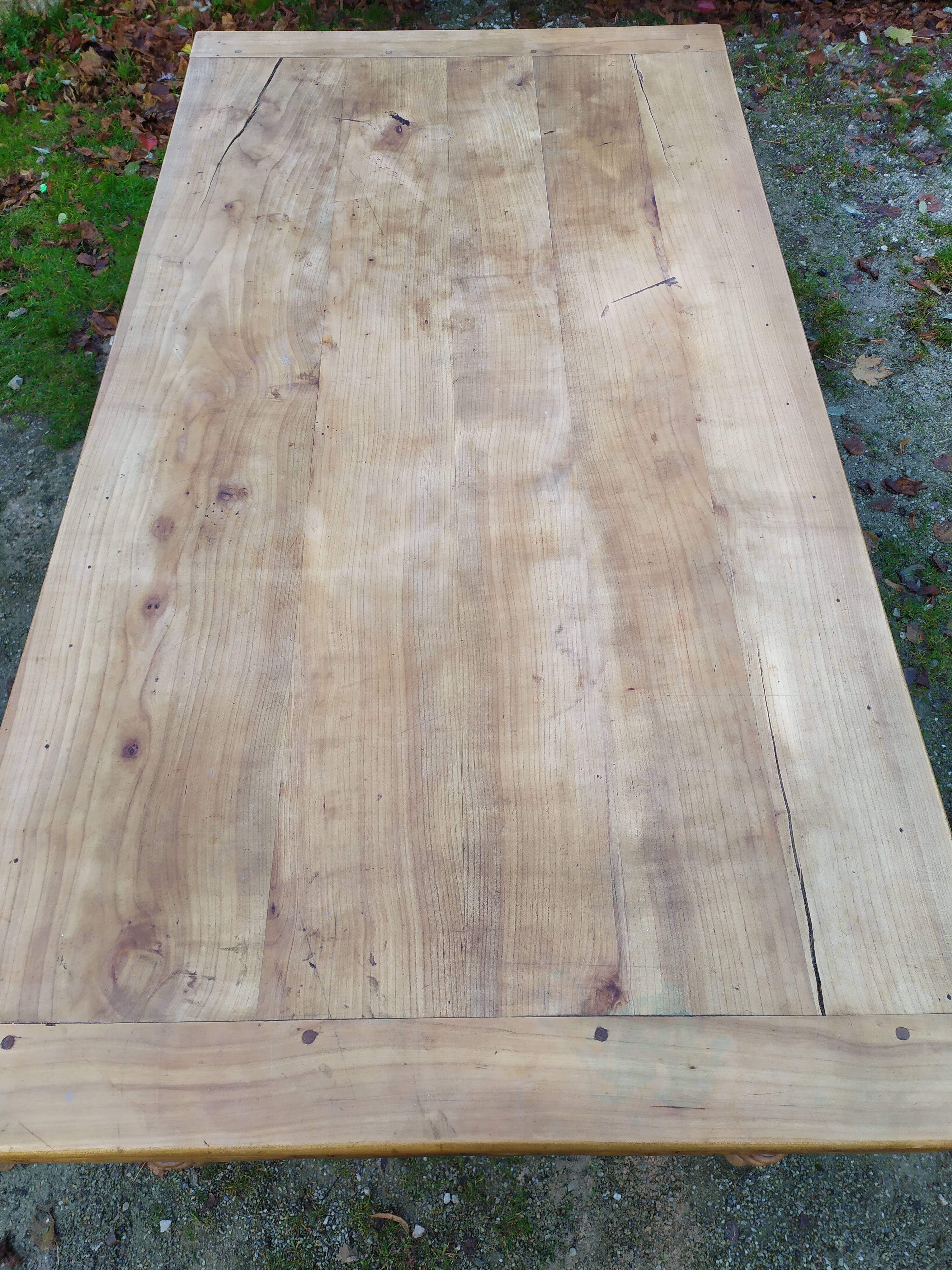 Cherry farm table, turned legs, 2 extensions