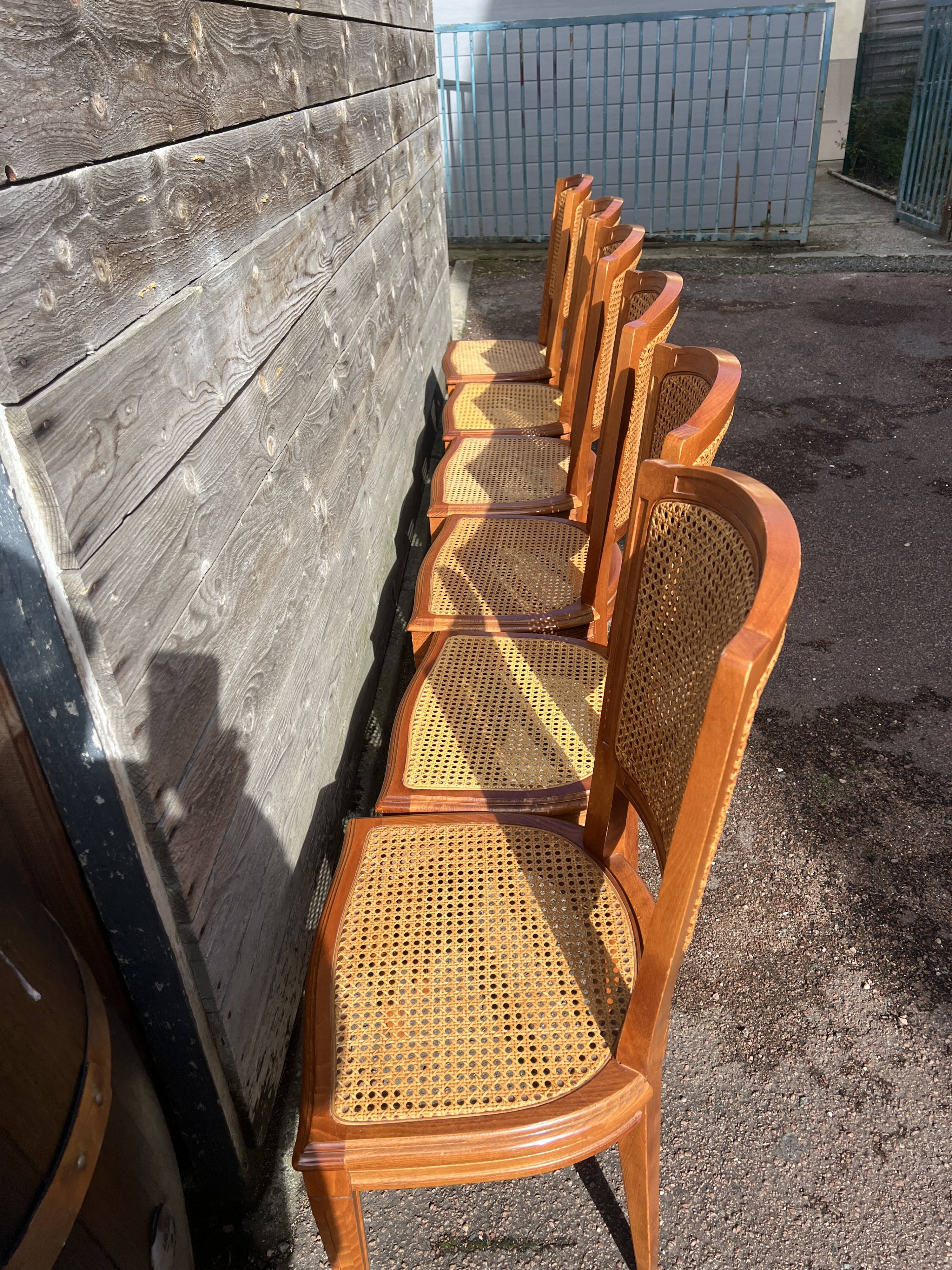 Six Art Deco chairs, 1960s, beech and cane
