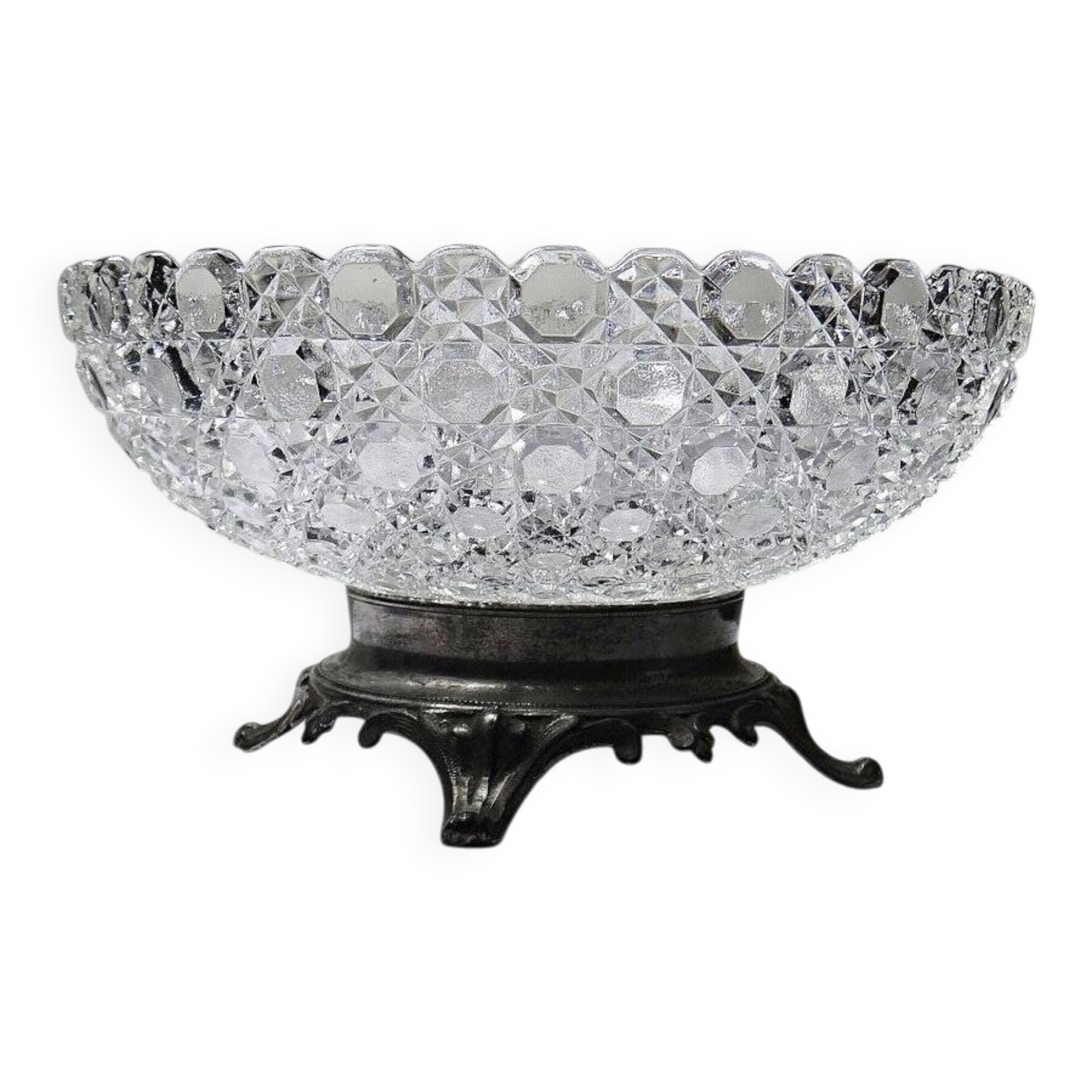 Pressed glass coupe with diamond points, antique from 1920-1950 on a pewter base.