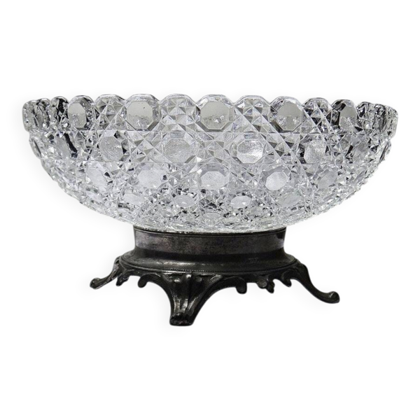Coupe en verre pressé pointes diamants ancienne 1920-1950 sur pied étain
