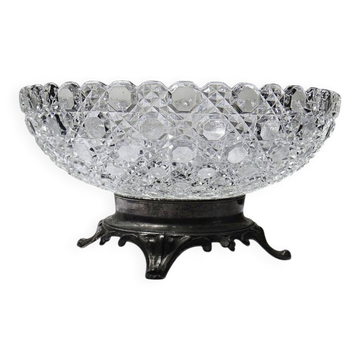 Pressed glass coupe with diamond points, antique from 1920-1950 on a pewter base.