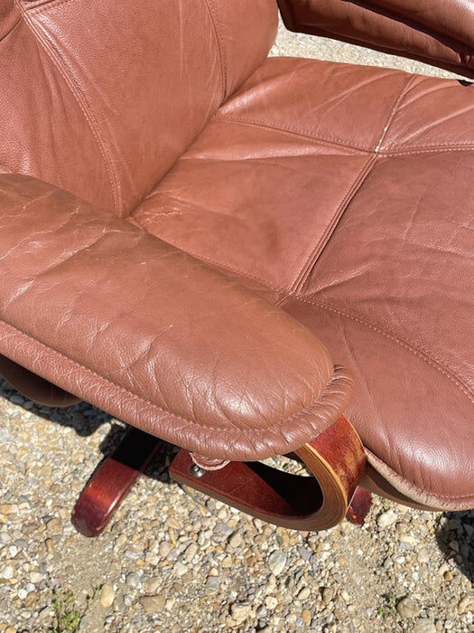 Scandinavian brown leather recliner lounge chair with ottoman, circa 1990