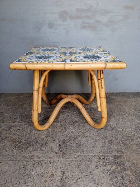 Vintage rattan and ceramic coffee table ep 1970