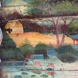 Buffet ancien en bois d'orme avec un décor peint de Paysages Lacustres