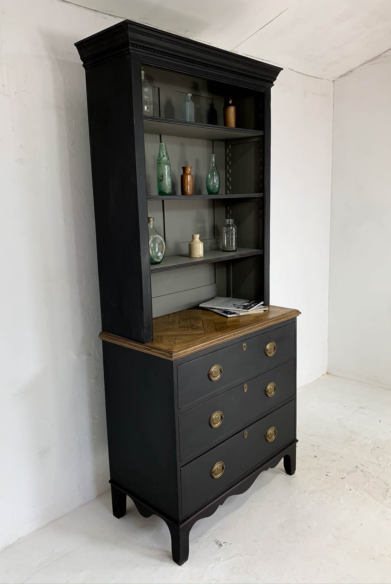 Antique black painted pine bookcase