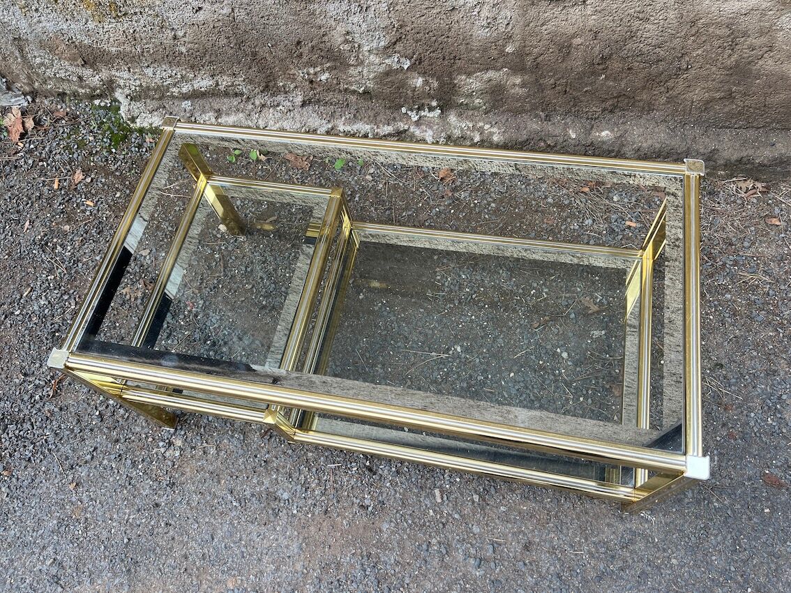 2-level coffee table Roche Bobois Hollywood Regency style brass and glass 70s