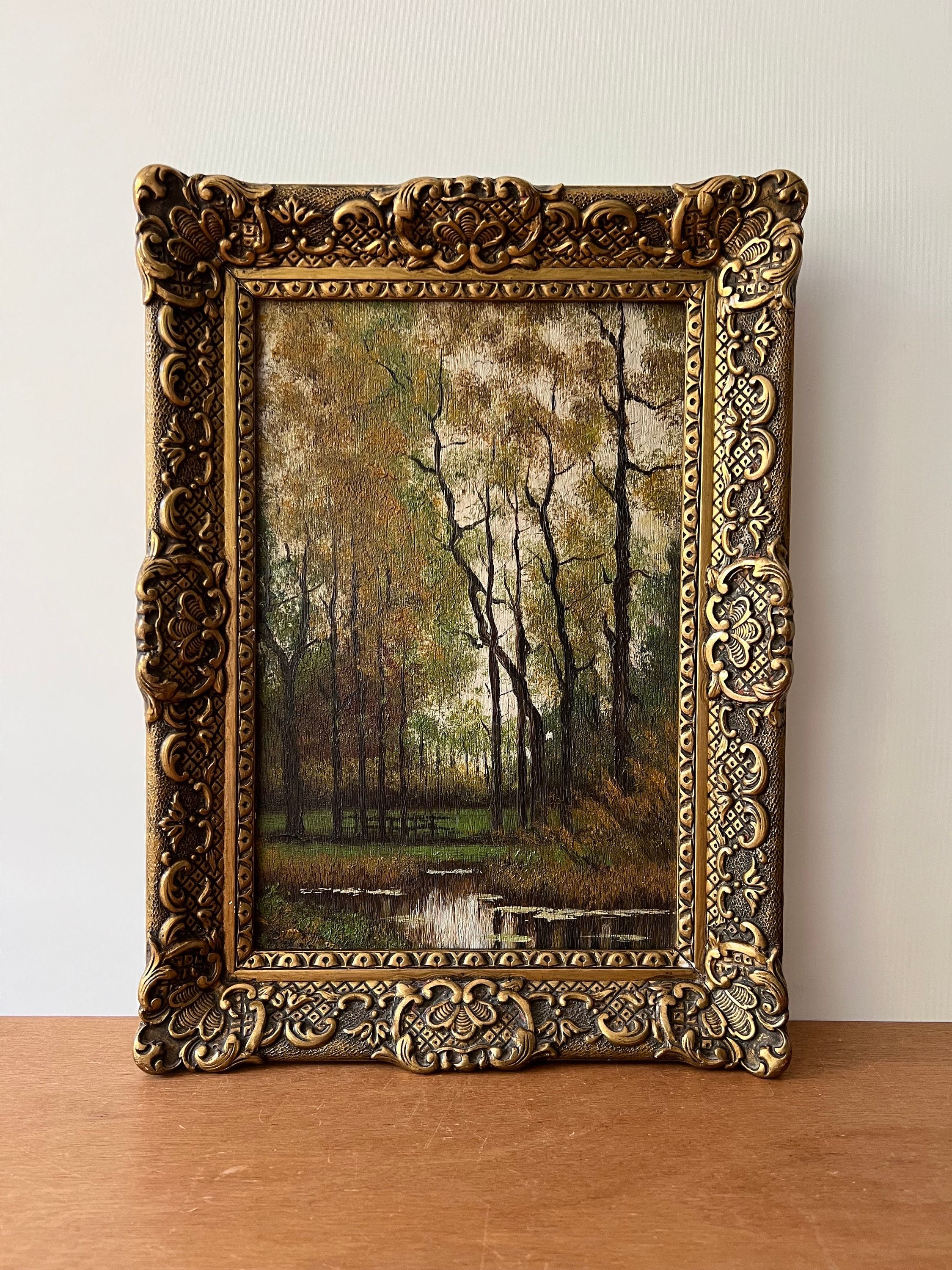 1950s Landscape, Framed Forest Landscape Oil Painting, Forest Oil Painting