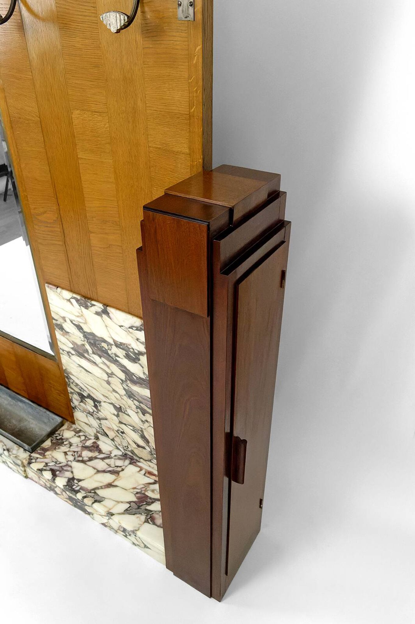 Large Art Deco wardrobe in oak, marble and mahogany, circa 1925