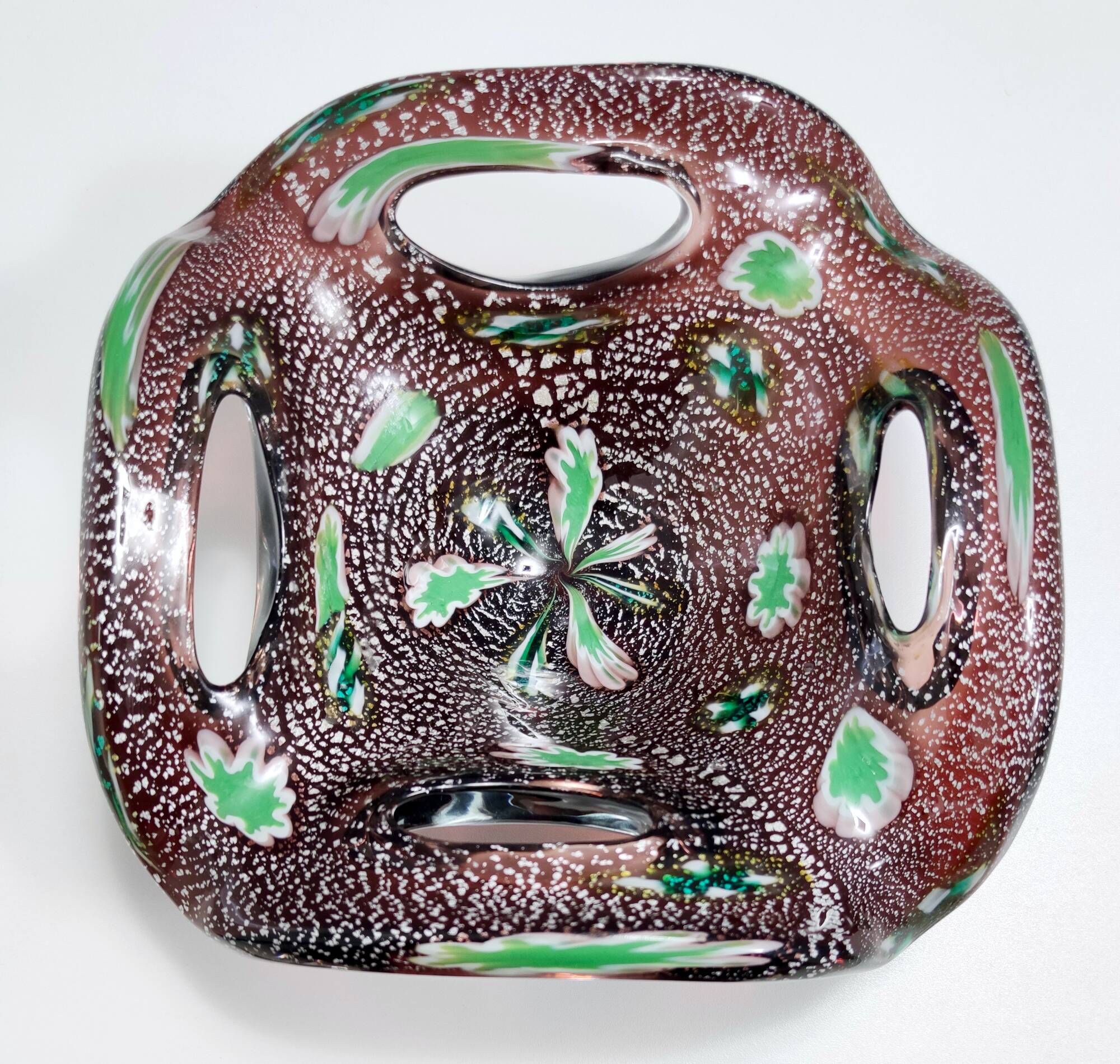 Vintage Brown Murano Glass Ashtray / Catchall by Fratelli Toso with Murrines