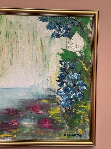 Mid-Century Oil on Canvas “Water Lilies” by Lena Larsson Framed 50 × 42 cm
