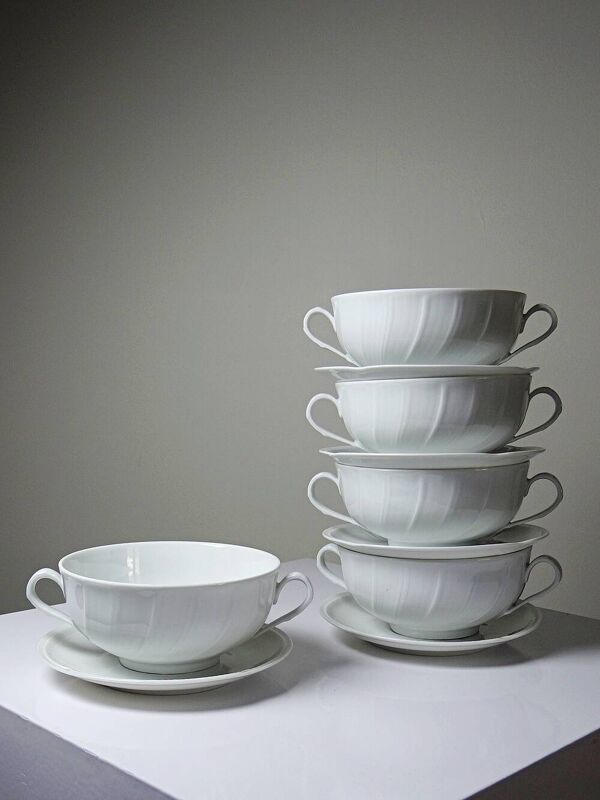 5 tasses/bos à deux anses, porcelaine de Limoges Bernardaud ''Palm