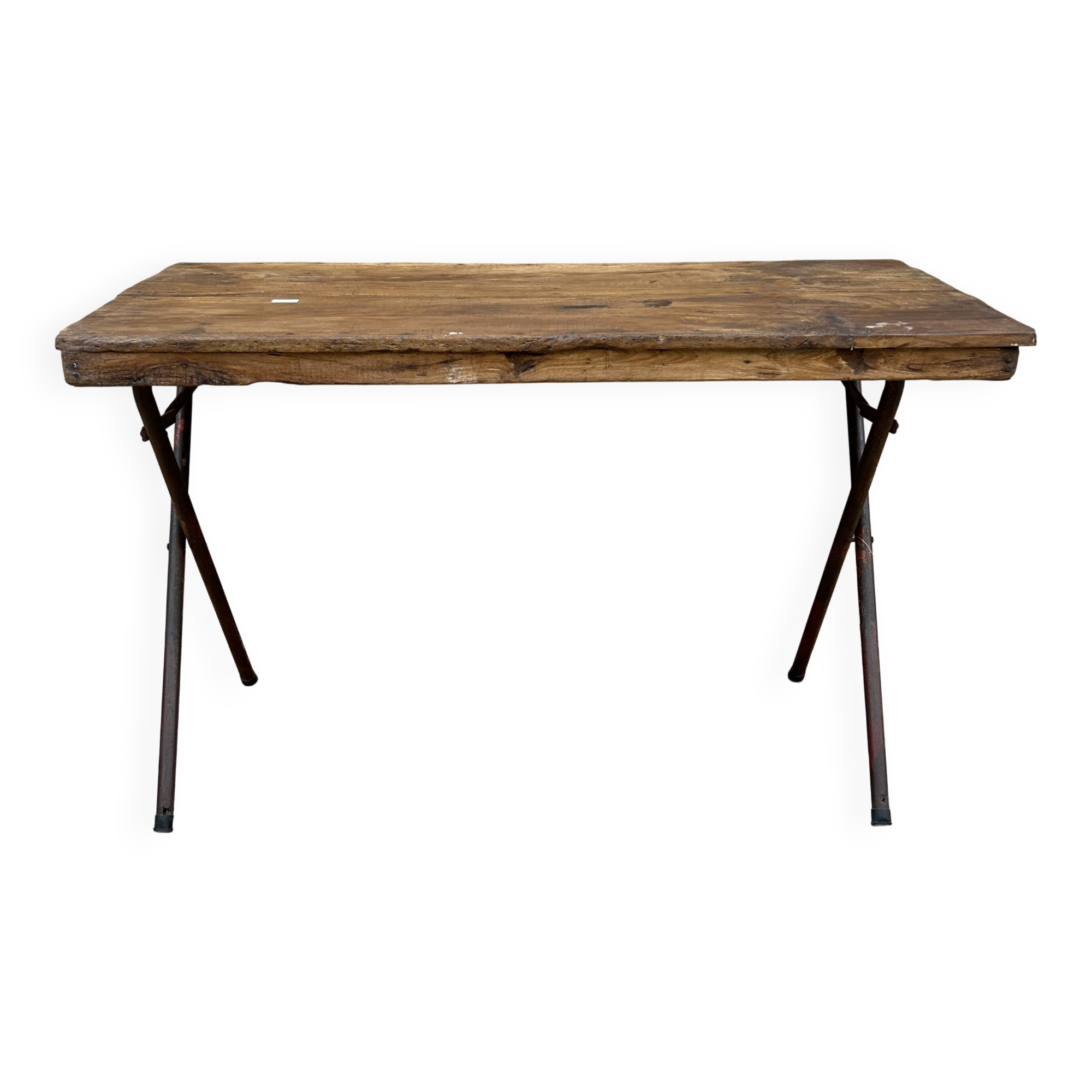 Folding workshop table with a metal frame and solid teak top.