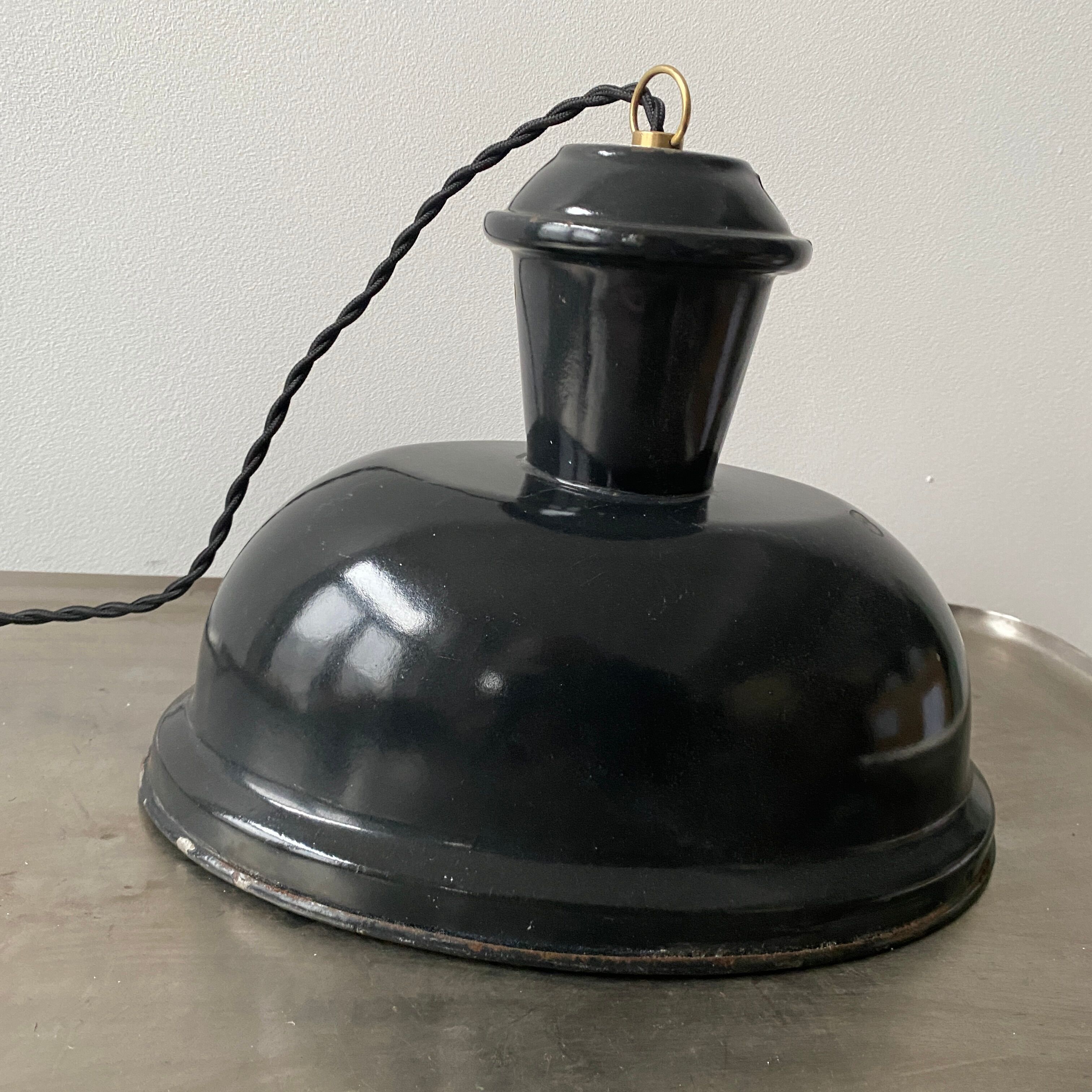 Old oval enamelled industrial hanging lamp