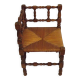 Antique French Turned Wooden Bobbin Chair with Rush Seat