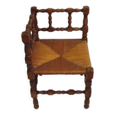 Antique French Turned Wooden Bobbin Chair with Rush Seat