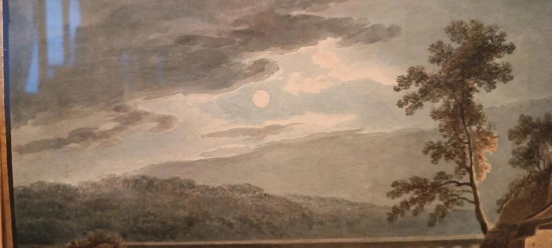 Old watercolour on paper from the early 19th century - nocturnal landscape with aqueduct and bridge