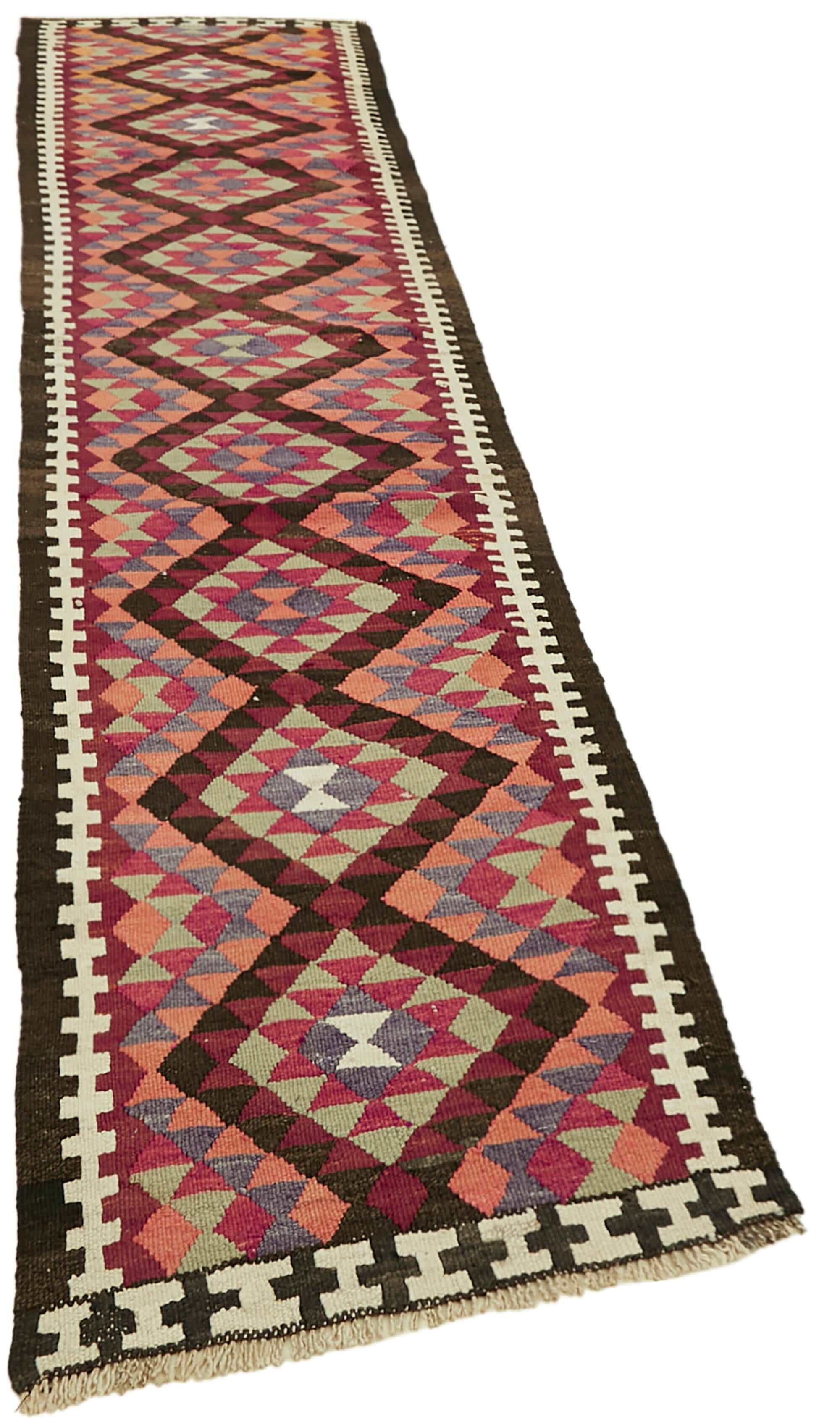 Turkish Handwoven Vintage Herki Kilim 88 cm x 407 cm