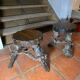 Pair of tripod stools with vine legs, oak top.