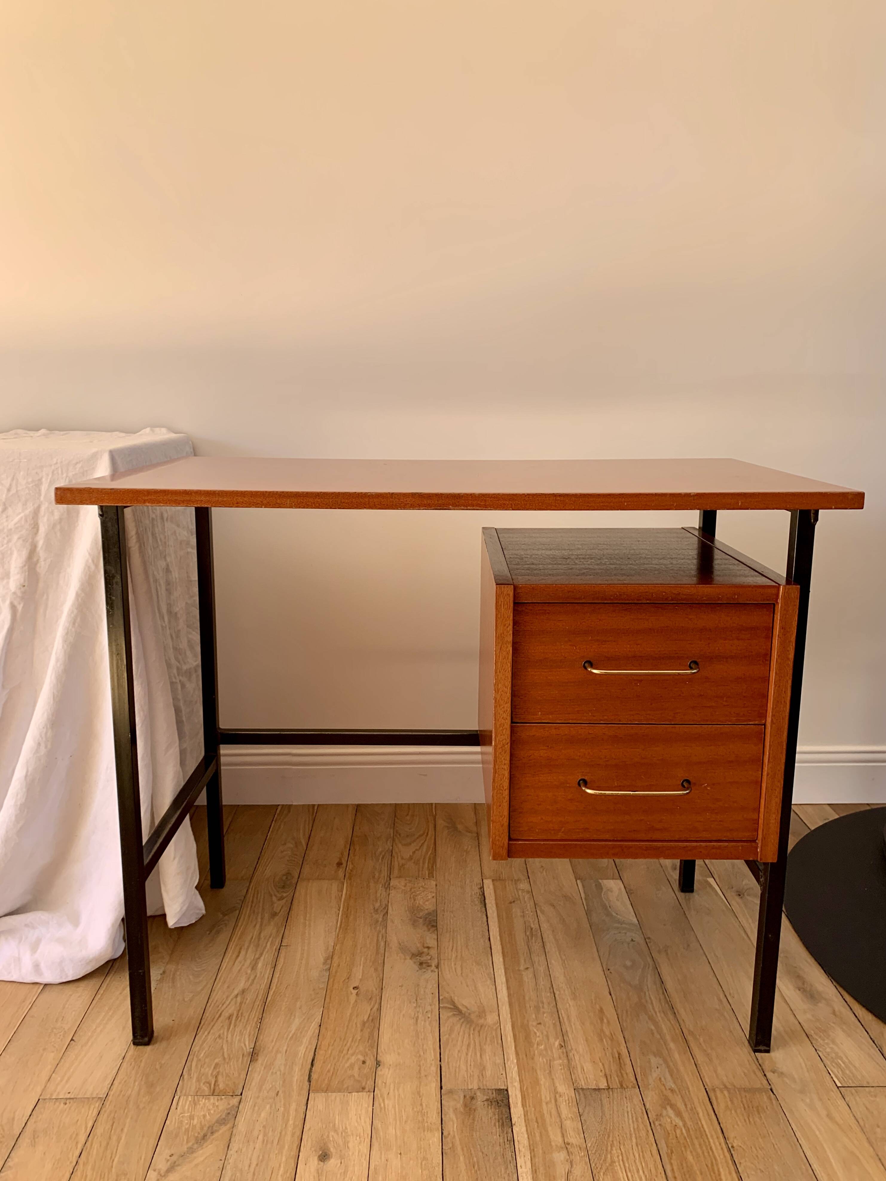 lacquered wood desk and black steel legs design from the 60s and 70s