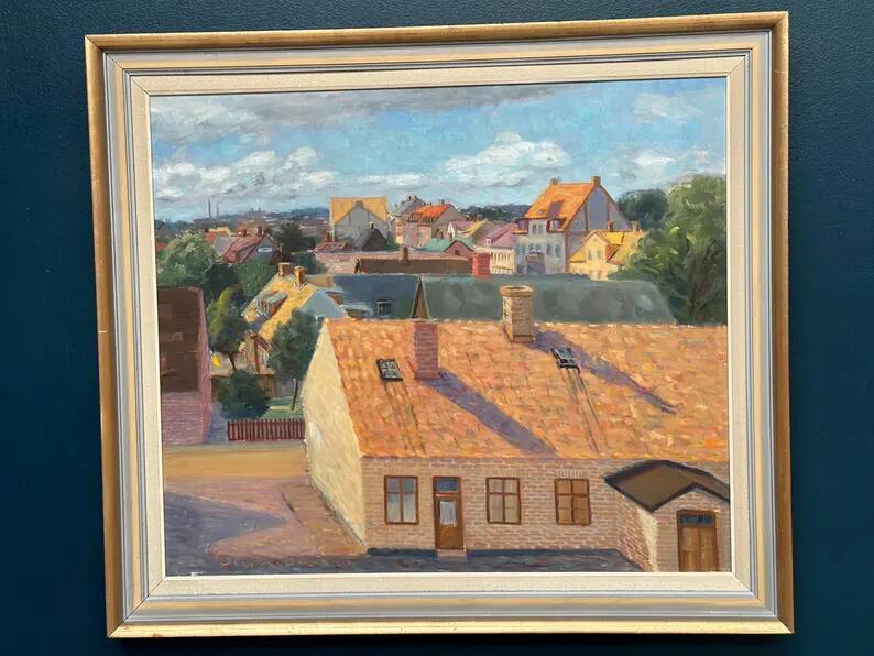 Large Original Swedish Oil on Panel – "Urban Landscape" by Wilhelm Matton – Signed – Dated 1947 – Framed – 83 × 73 cm (32.7 in × 28.7 in)