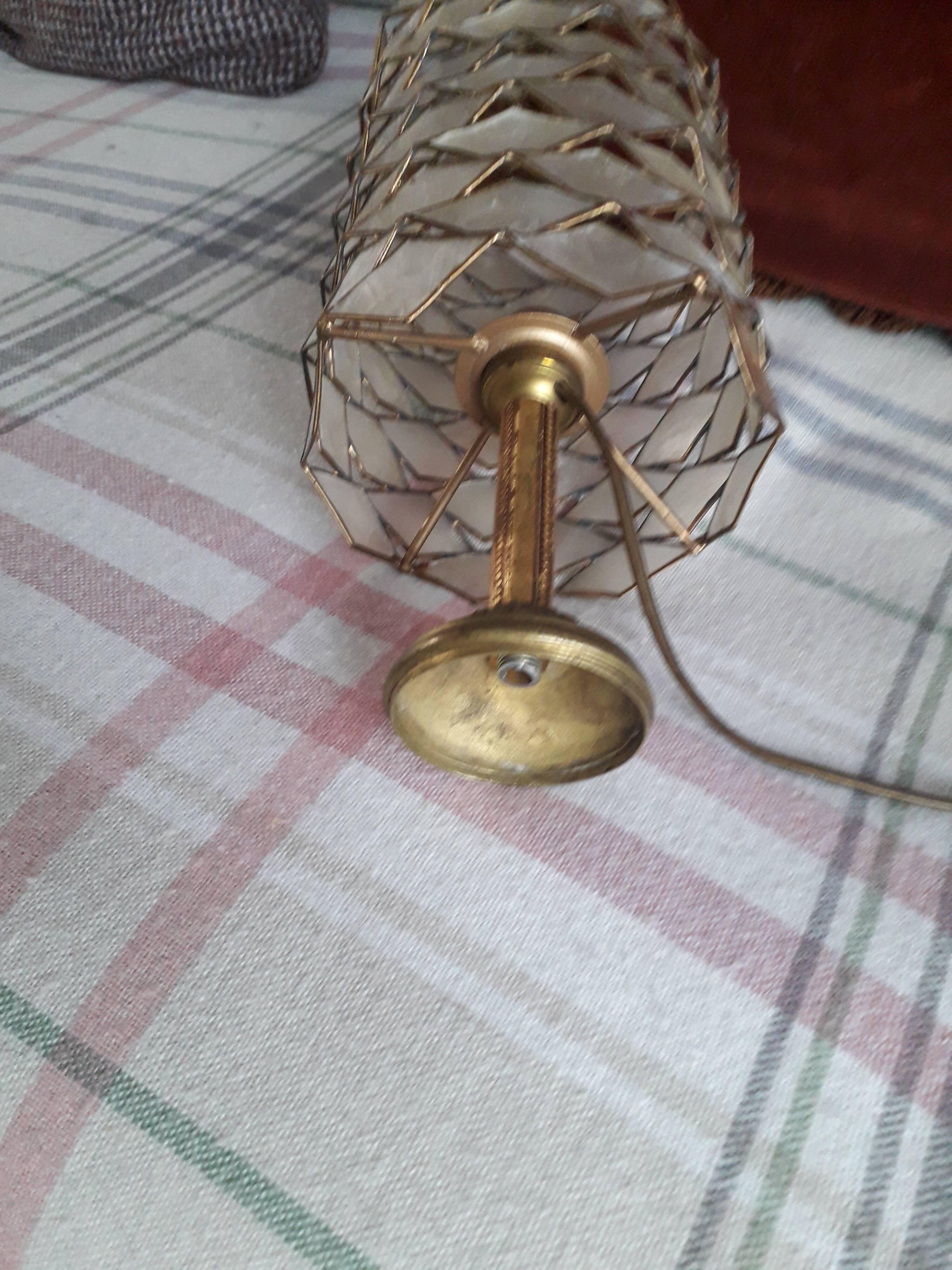 Very original vintage metal lamp with its mother-of-pearl lampshade