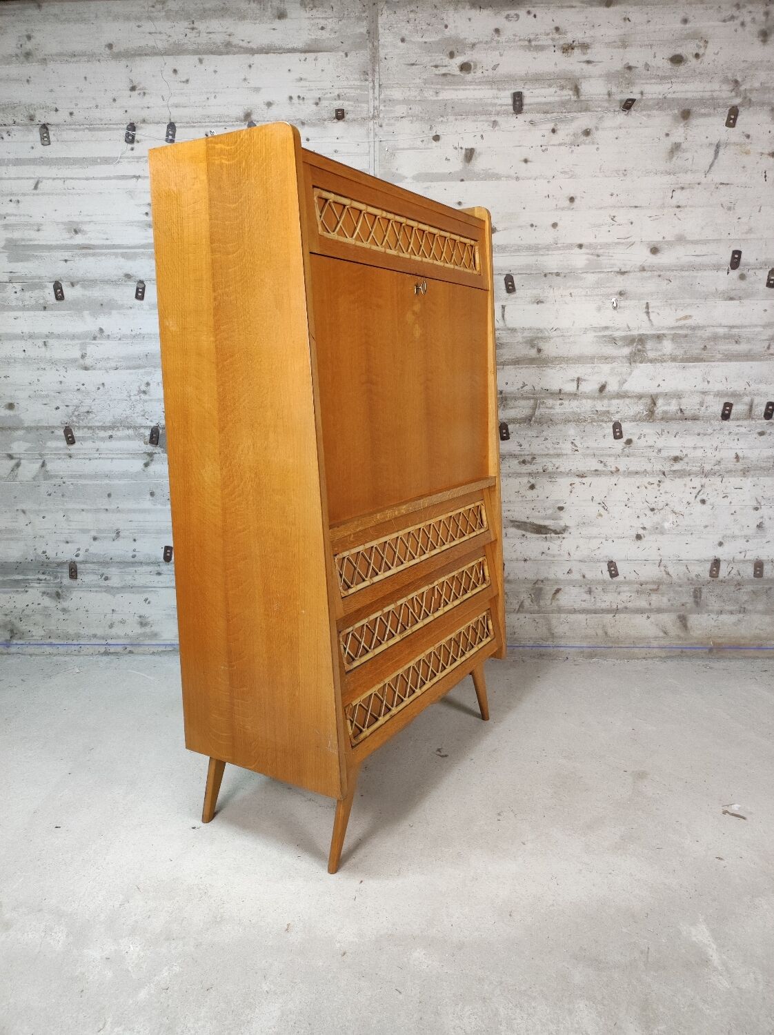 Vintage wood and rattan secretary