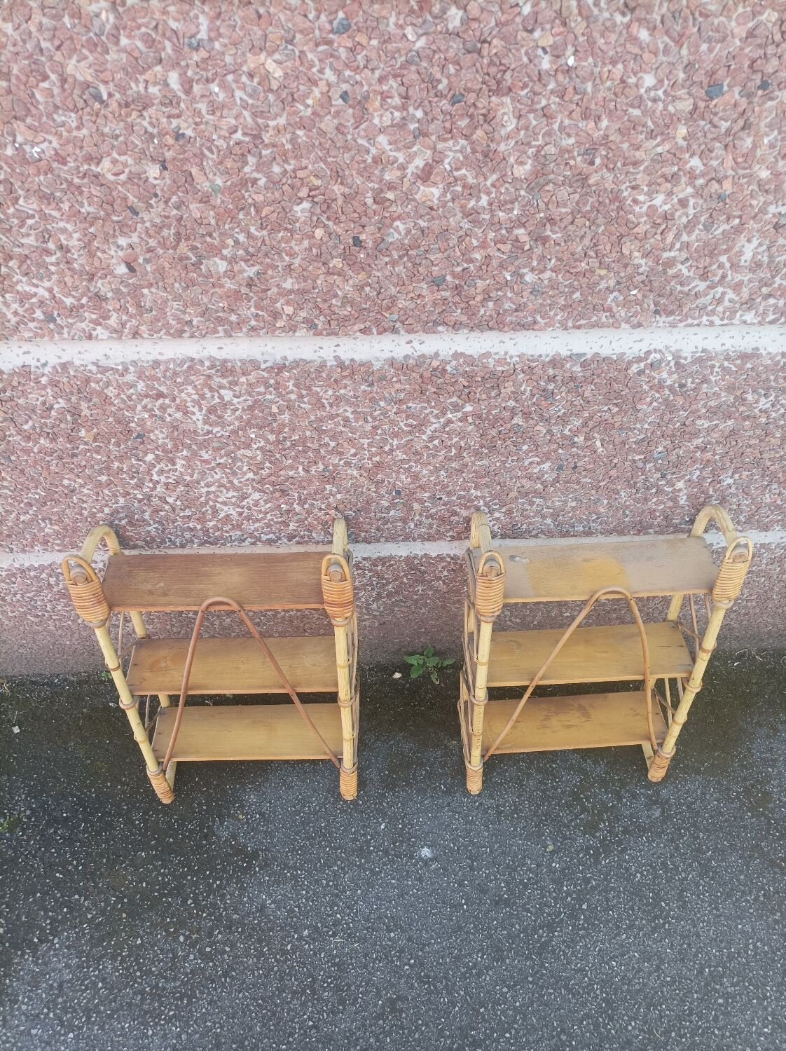Pair of wall shelves vintage in rattan bamboo wicker