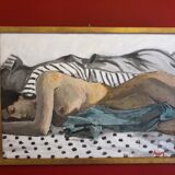 Old oil on panel depicting a nude scene with its golden frame