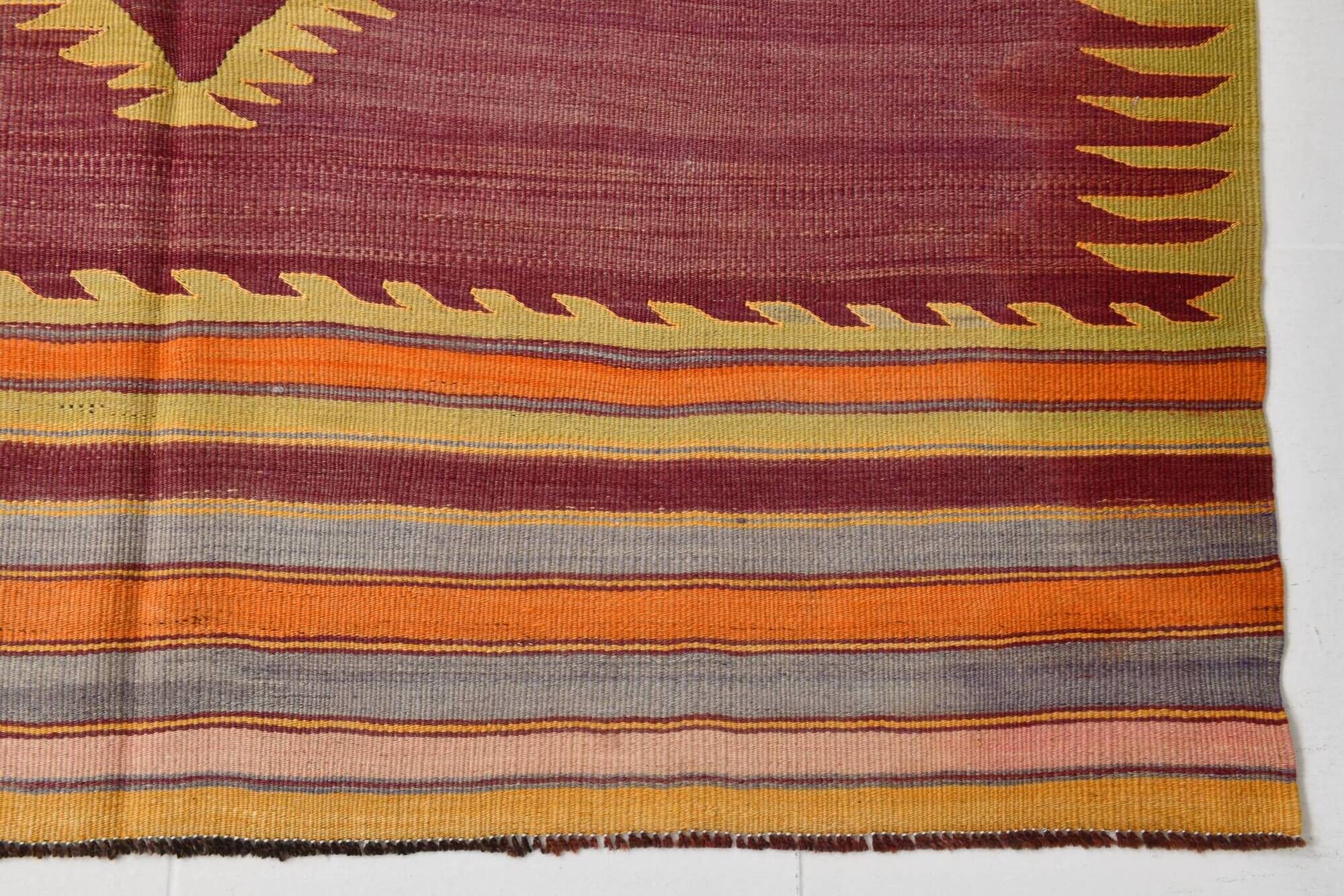 Wine Red & Orange Mid Century Modern Wool Kilim Rug, 153x239 Cm