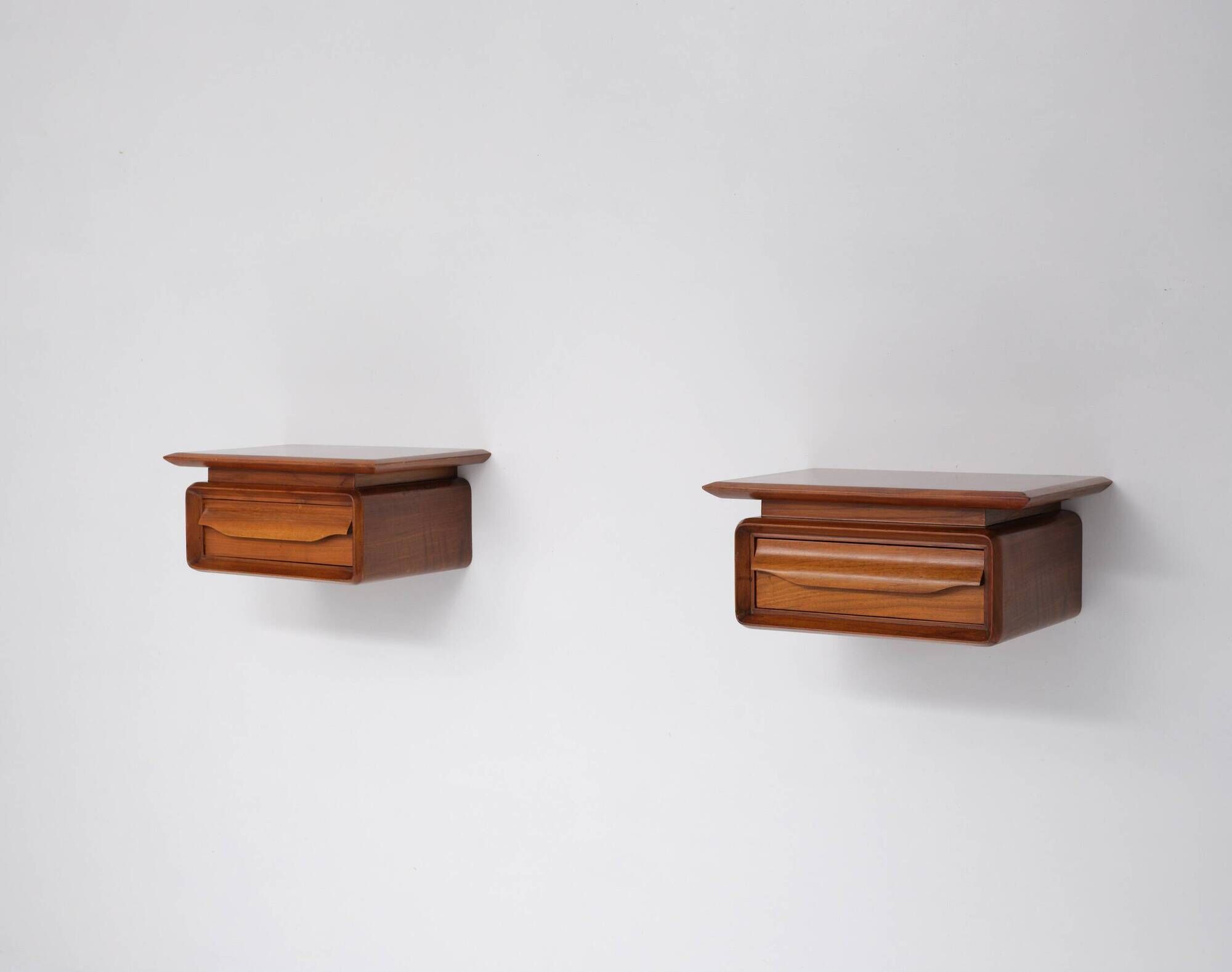 Pair of 1950s Italian Wall-Mounted Wooden Nightstands with Single Drawer