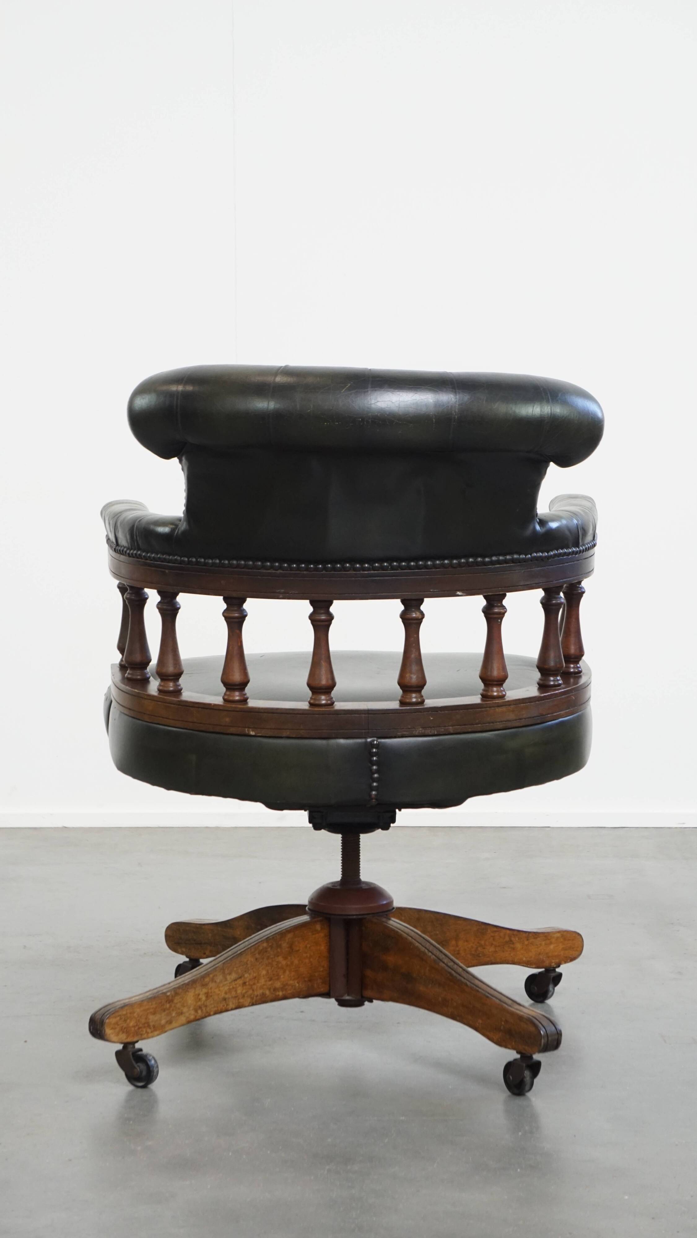 Dark Green Cowhide Leather Swivel and Tilt Chesterfield Office Chair