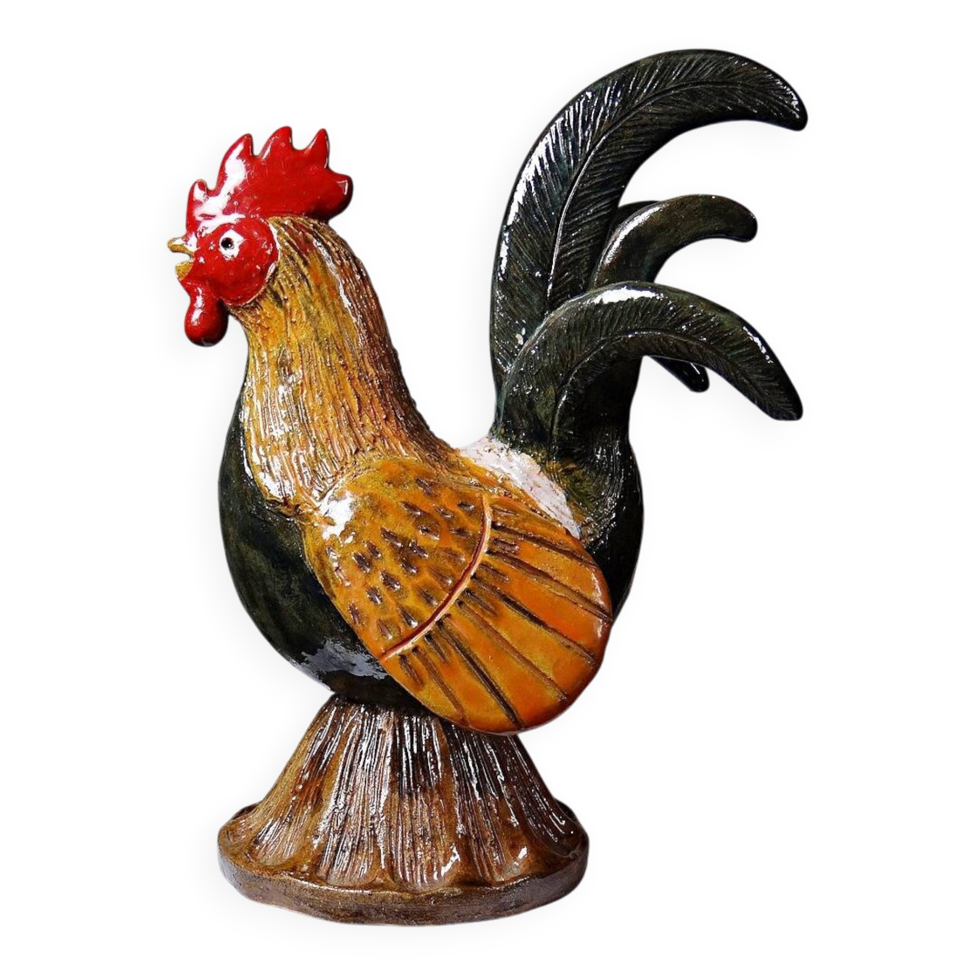 Small decorative rooster in handcrafted enameled ceramic folk art