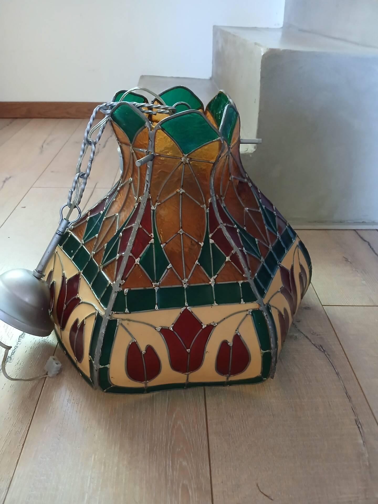 Vintage pendant light with multicoloured stained glass.