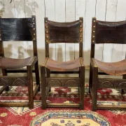 Set of 6 English chairs in oak and fine leather from the late 19th century.